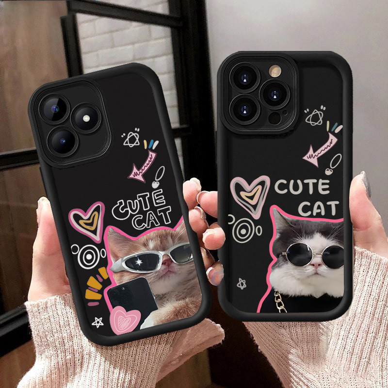 Capa Macia De Silicone Para Gatos De Óculos Escuros Samsung Galaxy A35 A55 A54 A34 A14 A05 A15 A05S A33 A53 A52 A52S A32 A23 A51 A25 Casais De Coração Amorosos De Grafite Fosco Gatinhos