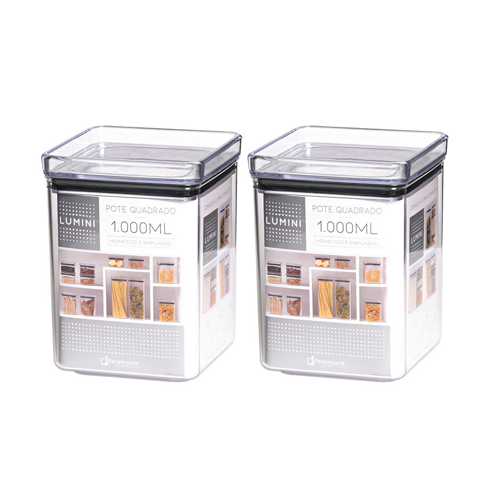 Kit 2 Potes Herméticos Quadrados 1lt Transparente Armazenamento Mantimentos Organizador Multiuso