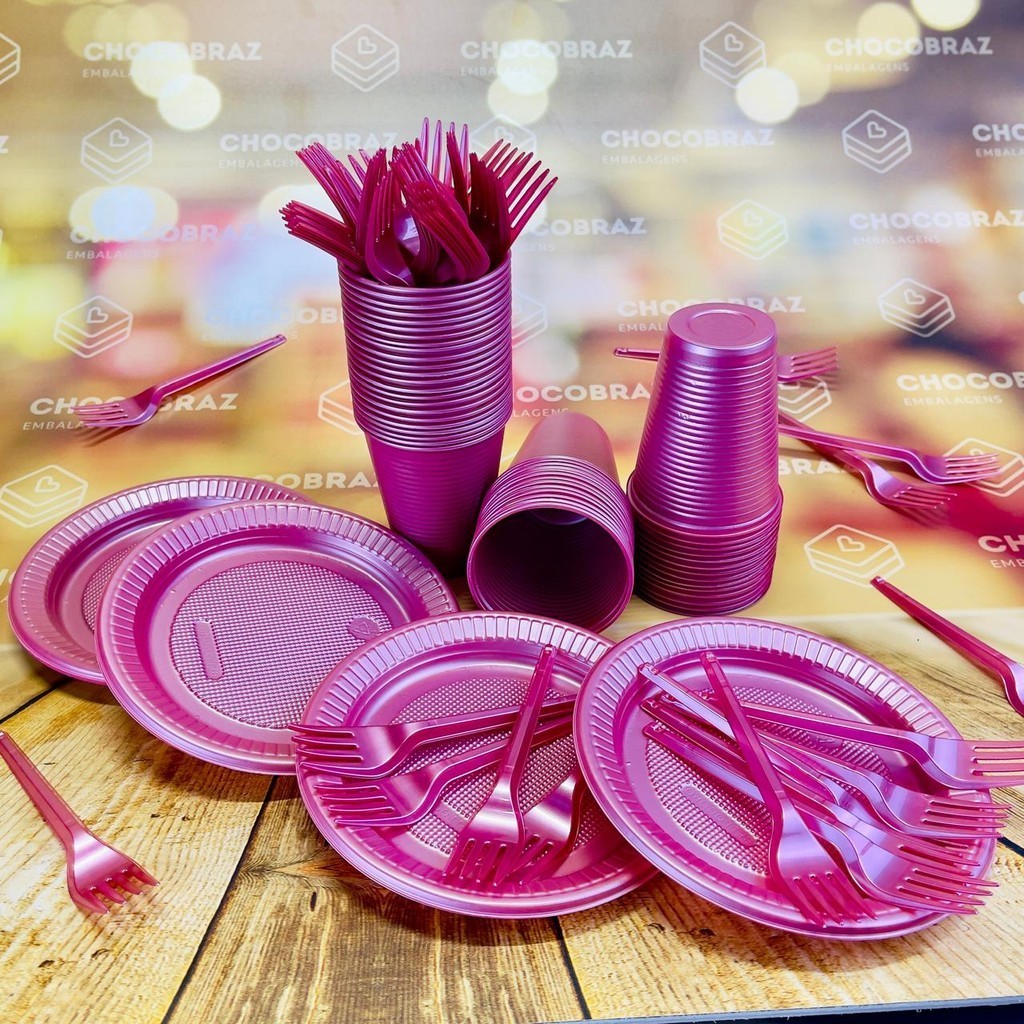 Kit Festa 50 PESSOAS DESCARTAVEIS ROSA PEROLADO GARFO + PRATO + COPO em Oferta na Shopee