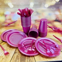 Kit Festa 50 PESSOAS DESCARTAVEIS ROSA PEROLADO GARFO + PRATO + COPO (CHOCO)