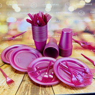 Kit Festa 50 PESSOAS DESCARTAVEIS ROSA PEROLADO GARFO + PRATO + COPO em Oferta na Shopee