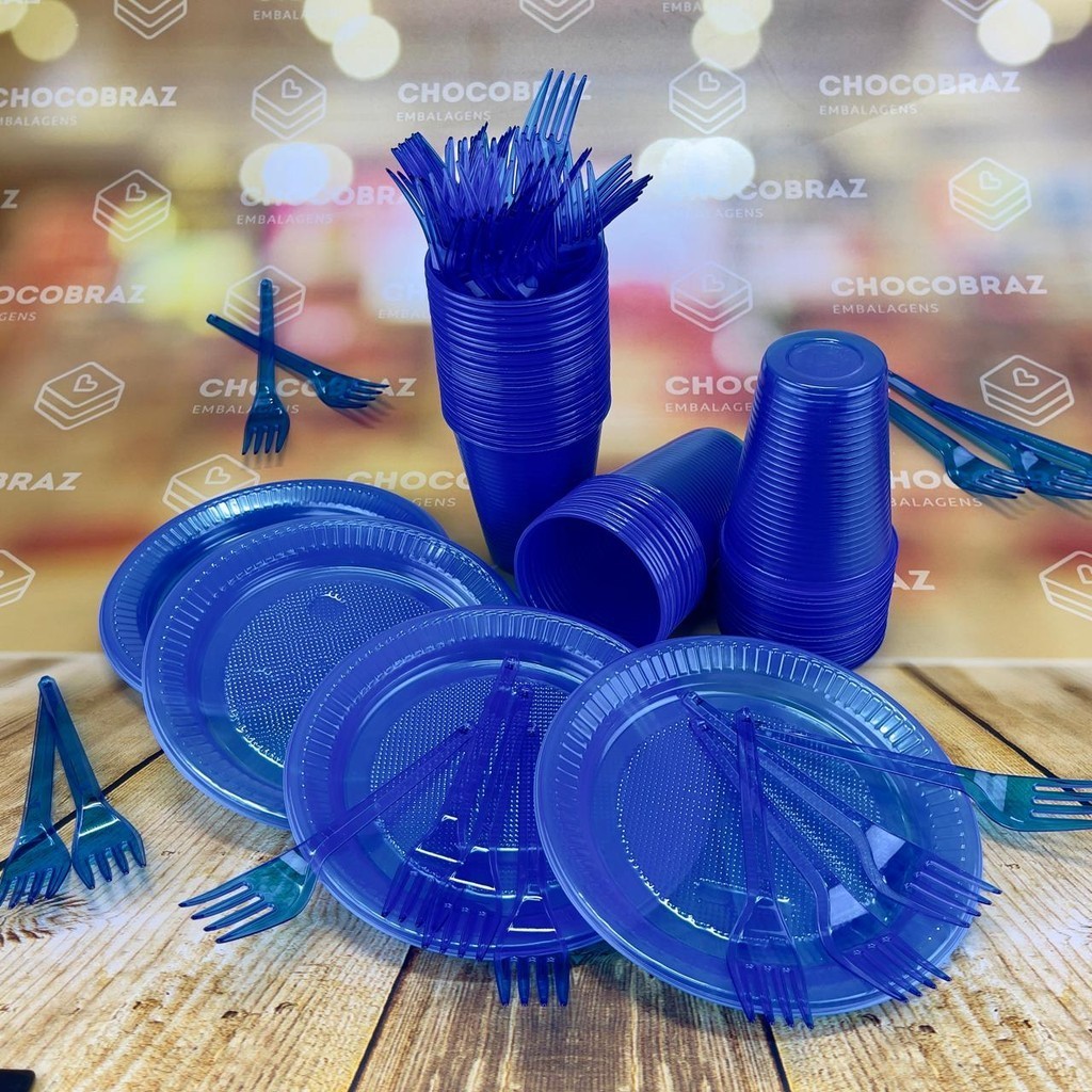 Kit Festa 50 PESSOAS DESCARTAVEIS AZUL NEON GARFO + PRATO + COPO em Oferta na Shopee