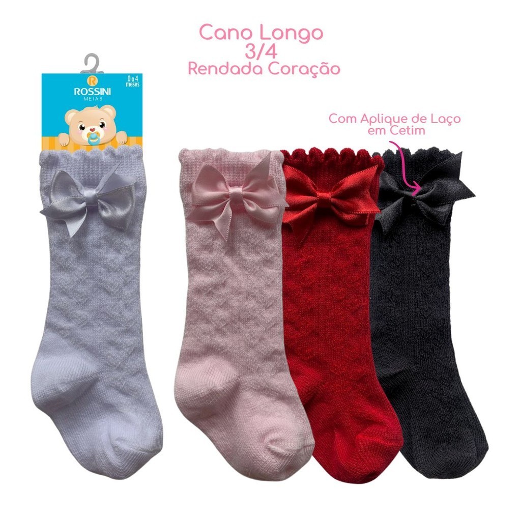 Meia Bebe 3/4 Cano Longo com Laço Rendada Batizado Festa