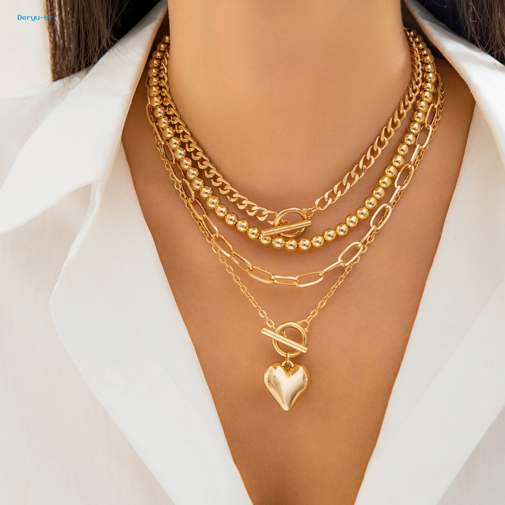 Alloy Heart Pendant Jewelry Women Necklace Set Chic 4pcs Round Paper Clip Chain for Adjustable Length Electroplated