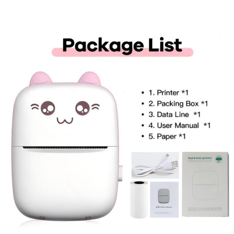 Compatível com impressora térmica portátil compacta com Design de animação - impressora fotográfica sem fio+5 Rolo Papel