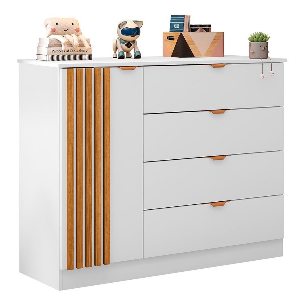 Cômoda Infantil 4 Gavetas Com 1 Porta Ripada Ayla Branco     - Phoenix em Oferta na Shopee