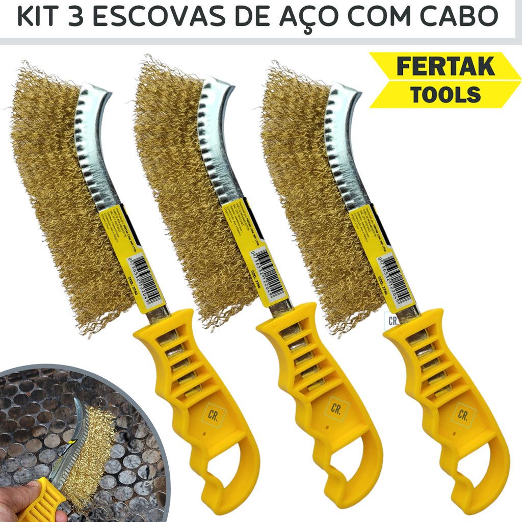 Kit 3 Escovas de Aço Com Cabo Anatômico Manual Para Limpeza de Churrasqueira, Ferrugem ou Uso Geral. em Oferta na Shopee