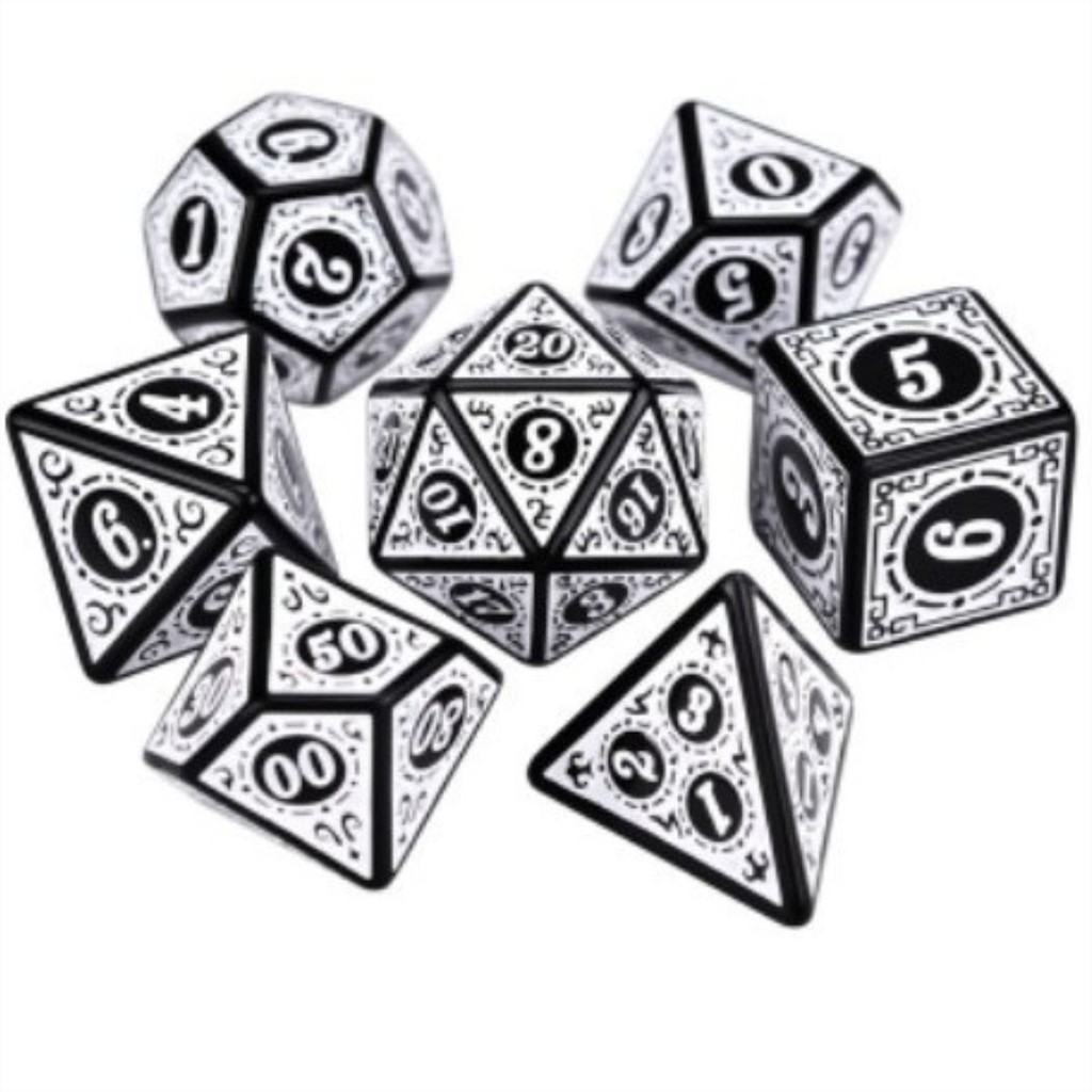 Dados Rpg Conjunto Com Sete - Runas Preta C/n° Branco em Oferta na Shopee