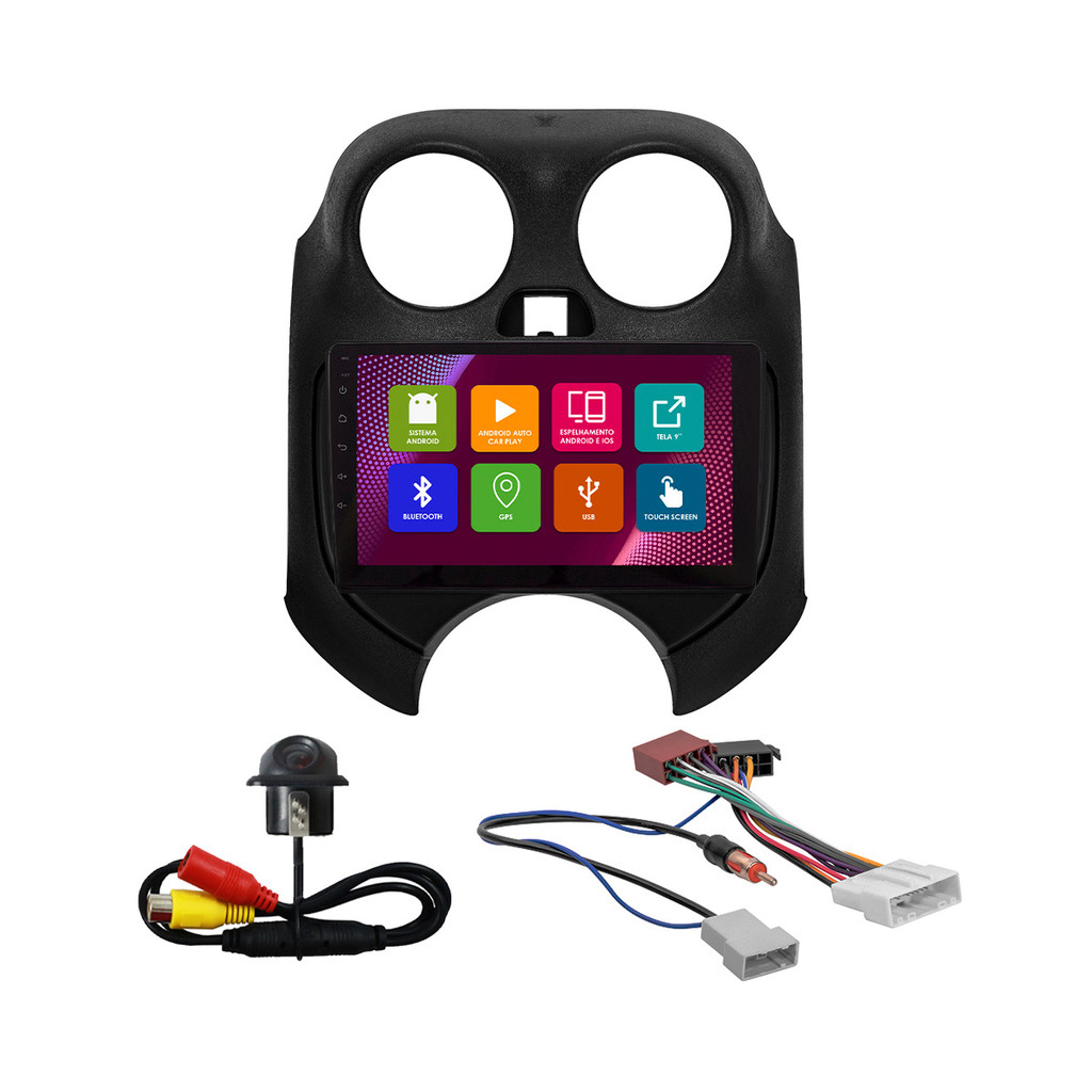 Kit Multimídia 9 Pol March 2010 2011 2012 2013 2014 Android 2Gb Ram 32Gb Flash Quad-Core 2 Din Preto Wifi Gps Tela Ips