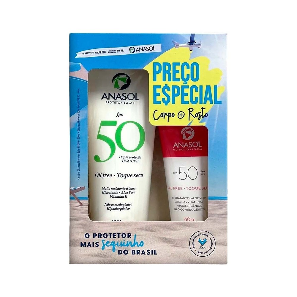 Kit Anasol FPS 50 Facial 60g + FPS 50 Corpo 200g em Oferta na Shopee