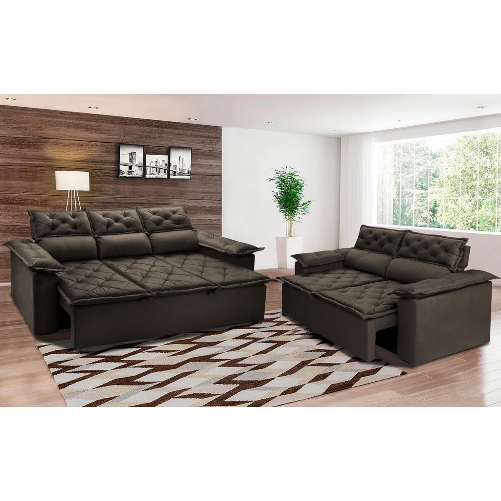 Conjunto de Sofá 3 e 2 Lugares Retrátil e Reclinável Cama inBox Compact 2,00x1,50m Velusoft Café em Oferta na Shopee