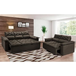 Conjunto de Sofá 3 e 2 Lugares Retrátil e Reclinável Cama inBox Compact 2,00x1,50m Velusoft Café