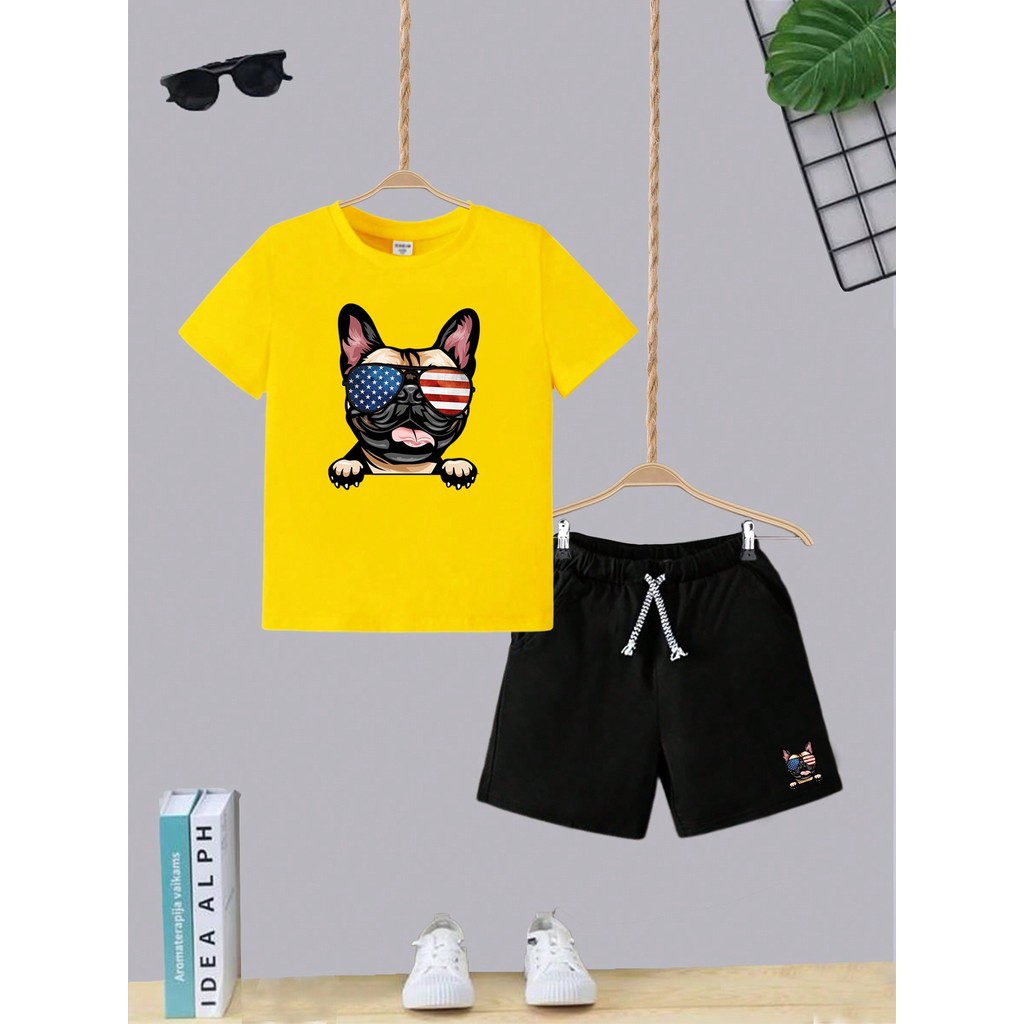 Kit Camiseta + Short com Bolso Conjunto Juvenil Infantil Algodão Confortável Dog Óculos EUA Estiloso Roupa