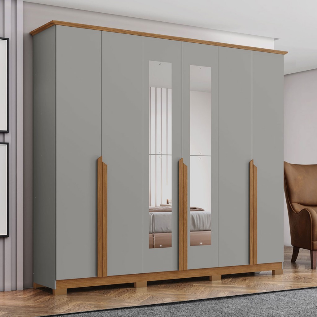 Guarda-Roupa Casal Andréas 6 Portas 6 Gavetas Cinza/Nature - Henn - Home & Living
