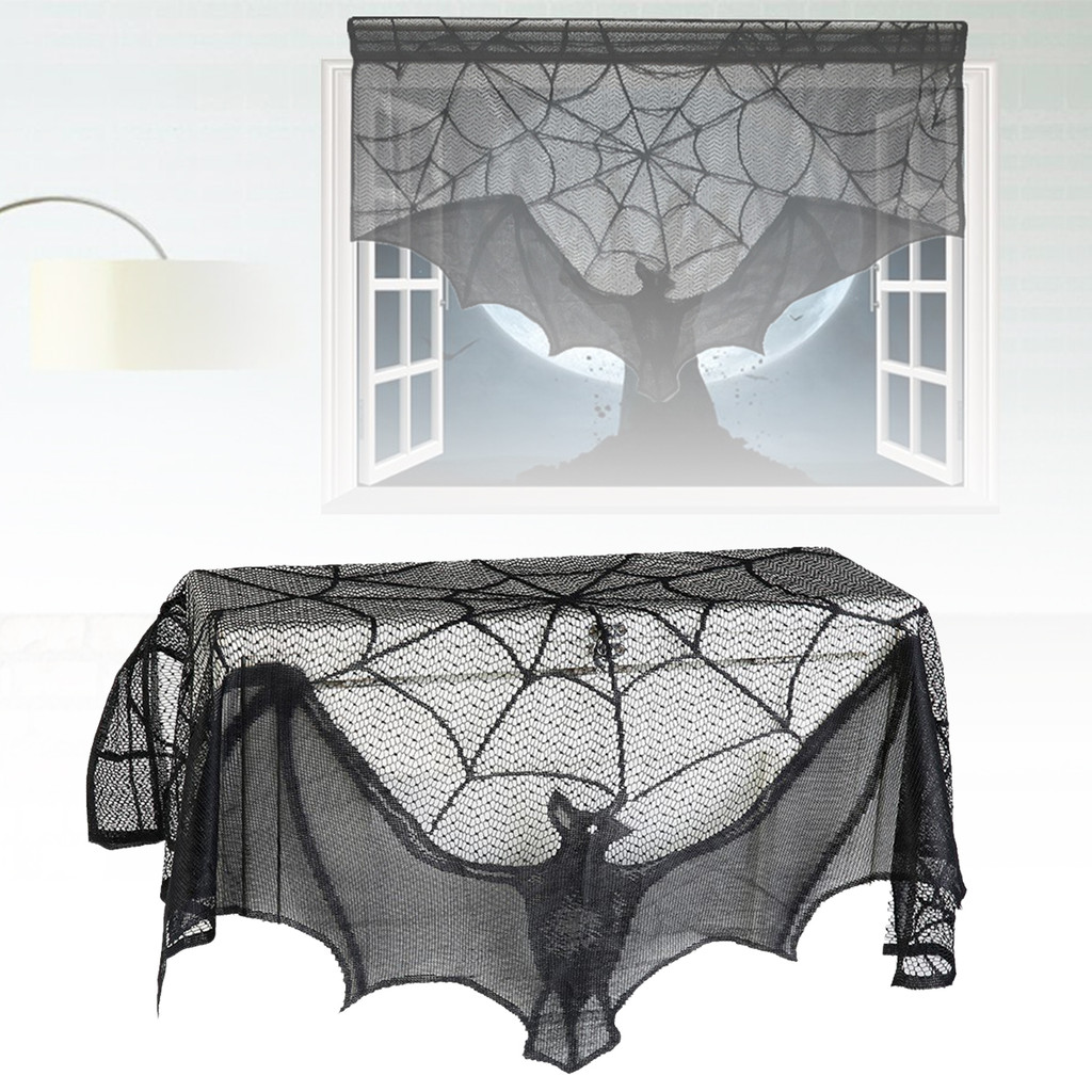 Halloween Cortina De Renda Preto Morcego Aranha Toalha De Mesa Lareira Cachecol Capa Sala Casa Teia De Decoração Horror 2024