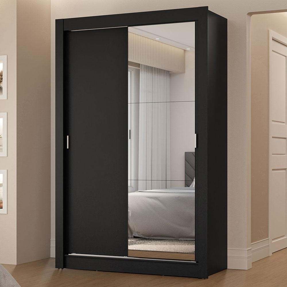 Guarda-Roupa Solteiro 2 Portas de Correr com Espelho 2 Gavetas Preto Vivare Madesa - Home & Living
