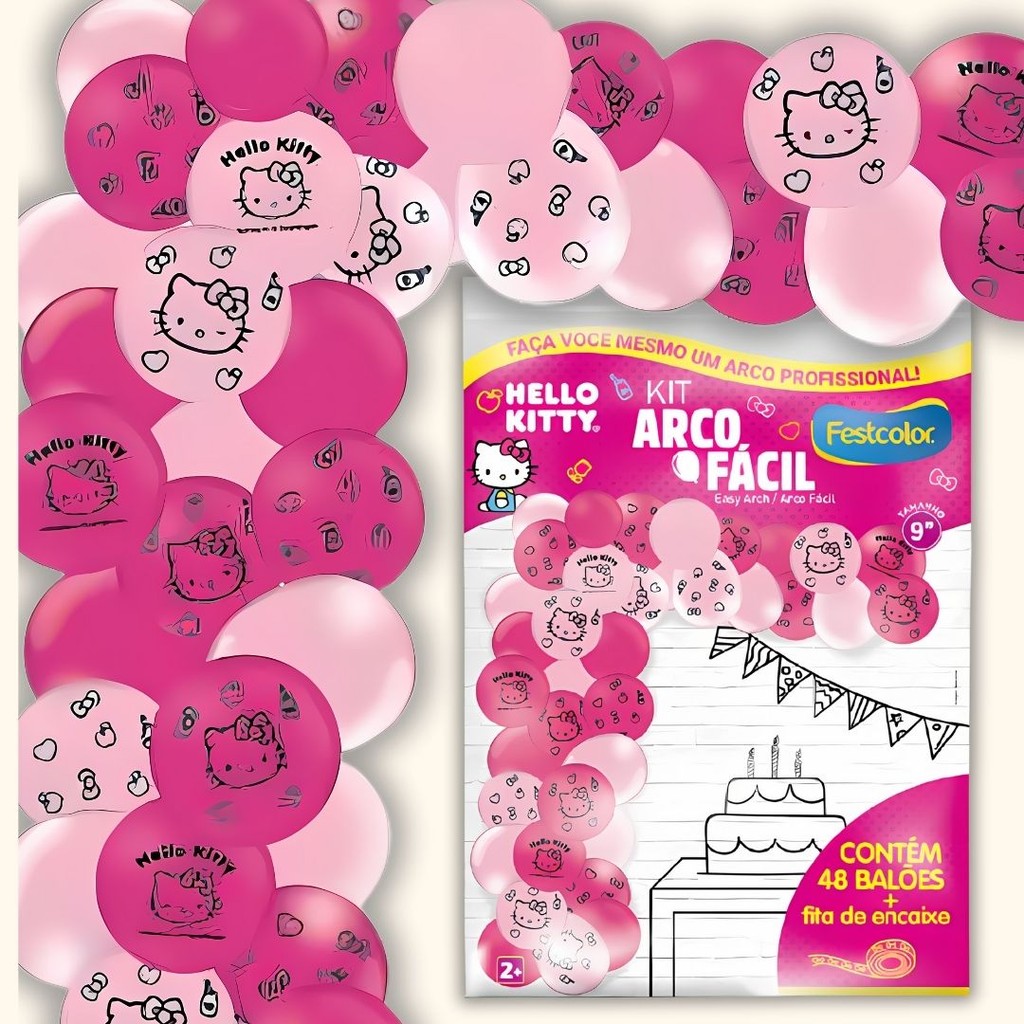 KIT ARCO FACIL DE BALOES HELLO KITTY  n°9 48 UN + 1 FITA ARCO  FESTCOLOR - Home & Living