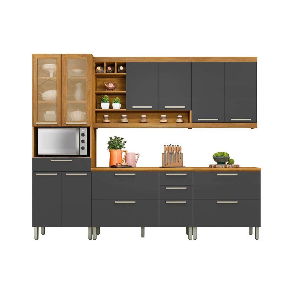Cozinha Completa Burguesa Premium 5 Peças (2 Balcões + 2 Aéreos + 1 Paneleiro) C5P25 Freijo/Grafite - Nesher em Oferta na Shopee