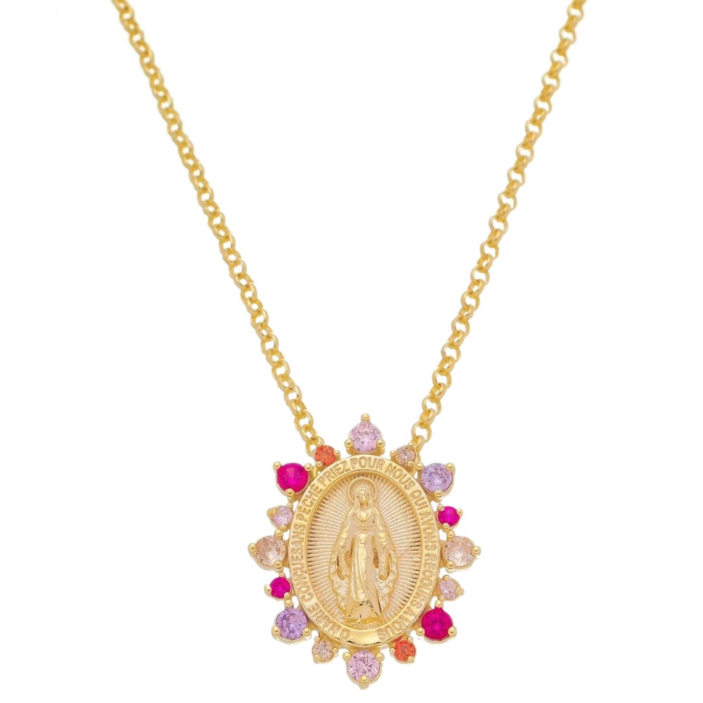 COLAR NOSSA SENHORA DAS GRAÇAS MEDALHA MILAGROSA ZIRCÔNIAS COLORIDAS FOLHEADO A OURO 18K PIUKA em Oferta na Shopee