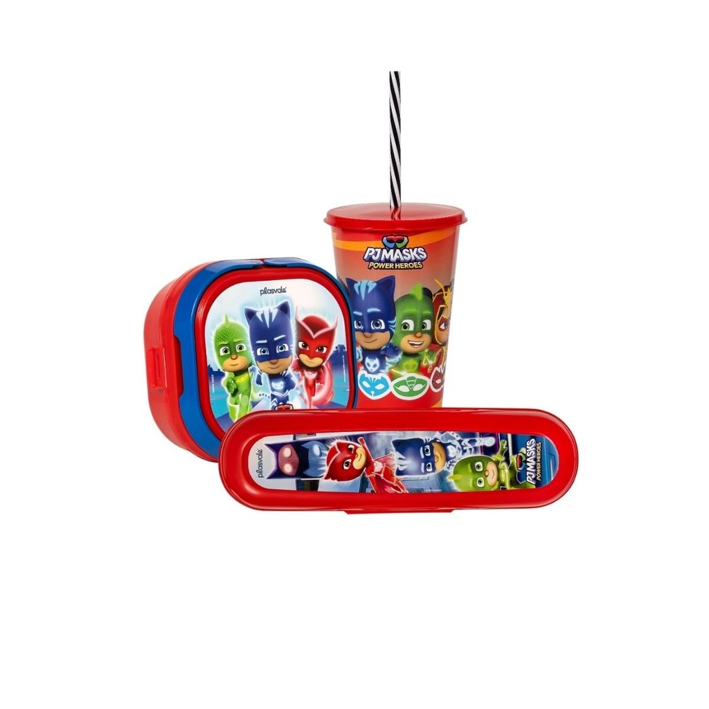 Kit Marmita Copo com canudo Porta Escova Infantil PJ Masks