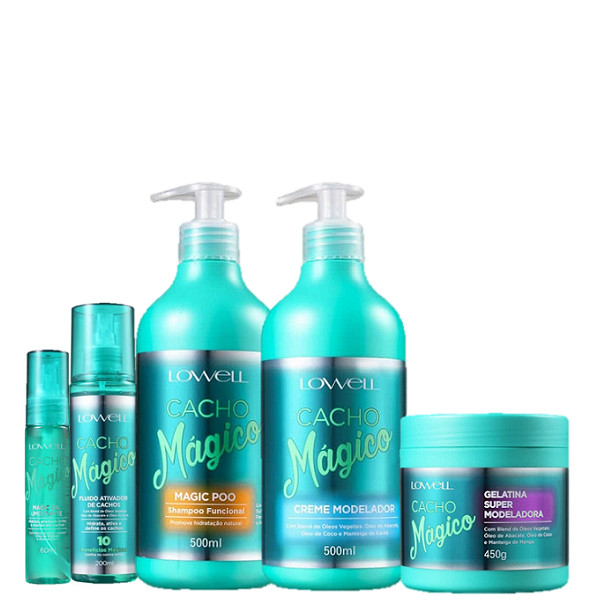 Lowell Cacho Magico Shampoo 500g Creme Modelador 500g Gelatina 450g Oleo 60ml e Fluido 200ml