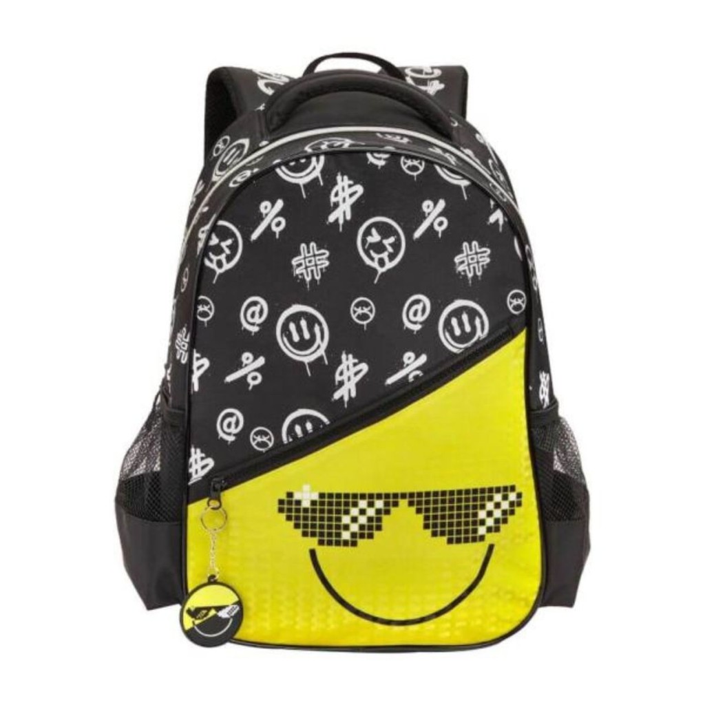 Mochila Costa Unissex Emoji Smile Preto Amarelo Denlex