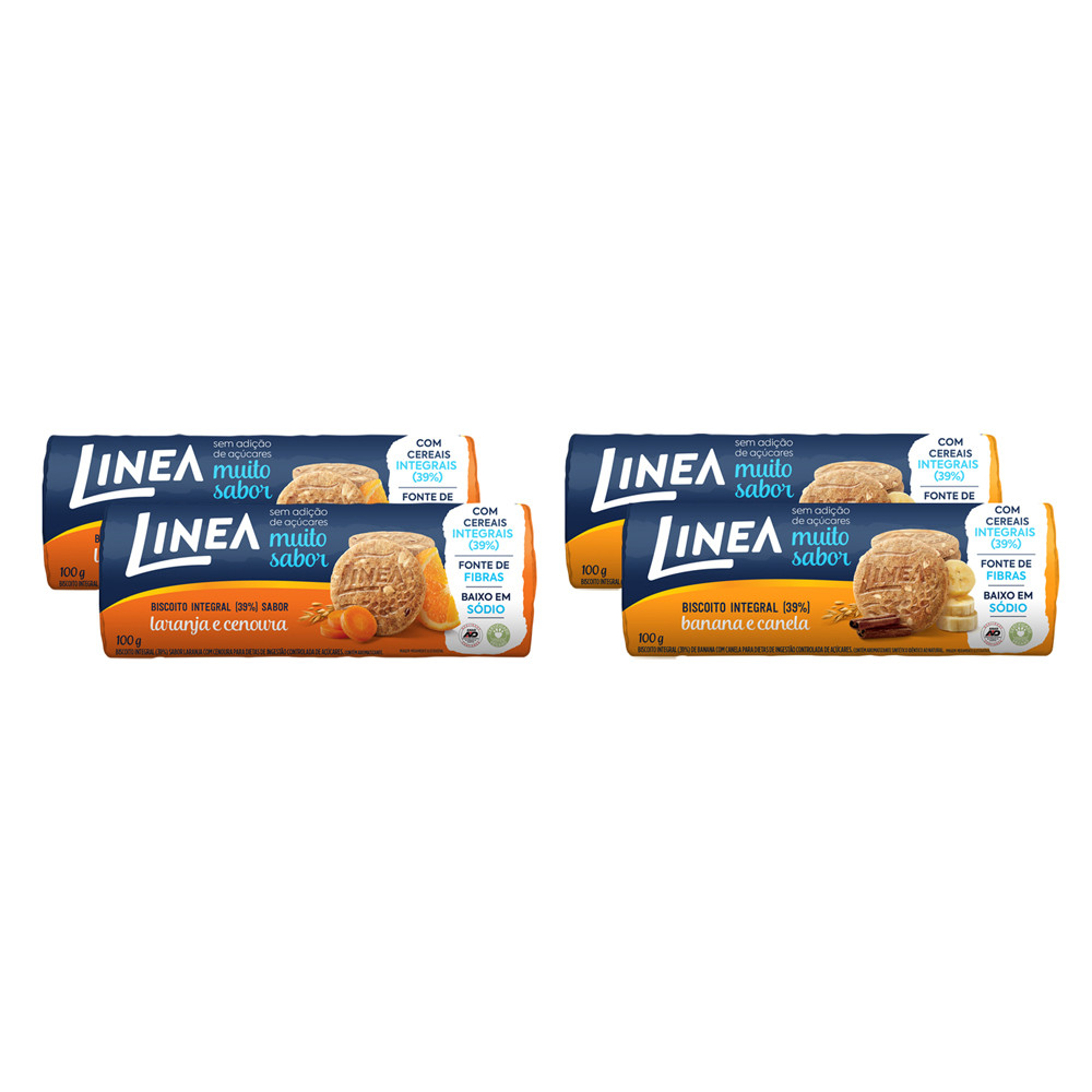 Kit 4 Biscoitos Integrais Linea Sabor Laranja e Cenoura / Banana e Canela 100g