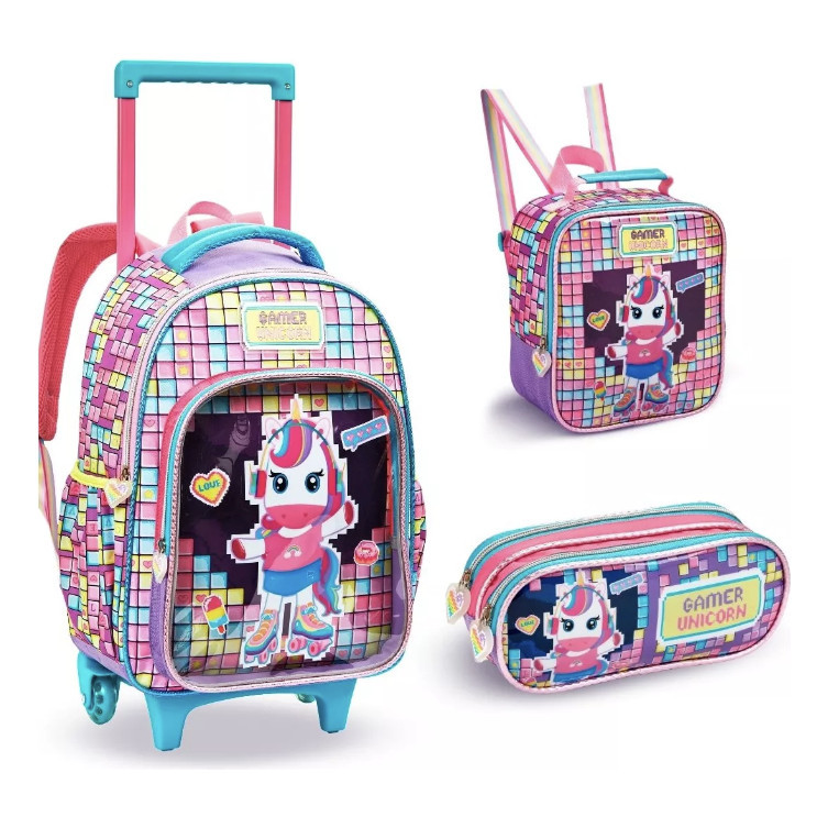 Kit Mochila Escolar Rodinha Infantil Minina Unicórnio Gamer 3 Peças
