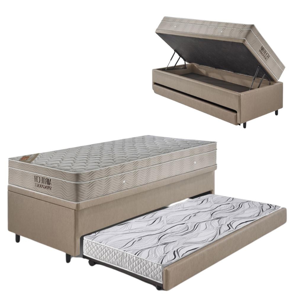 Bicama Box Baú 88x188 Courino Linho Bege com Colchão Airtech