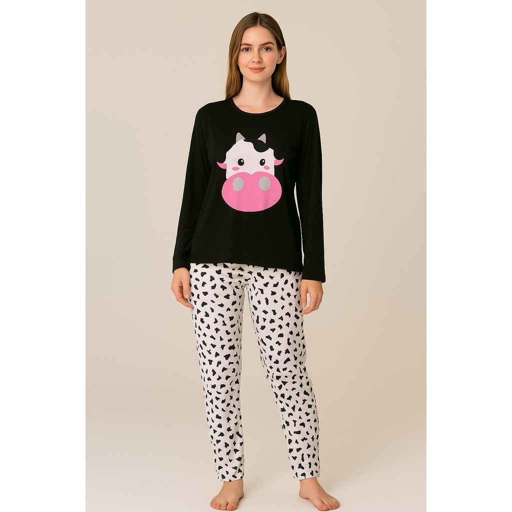 Pijama Longo Feminino Malha Adulto Manga Comprida Dejule Vaquinha