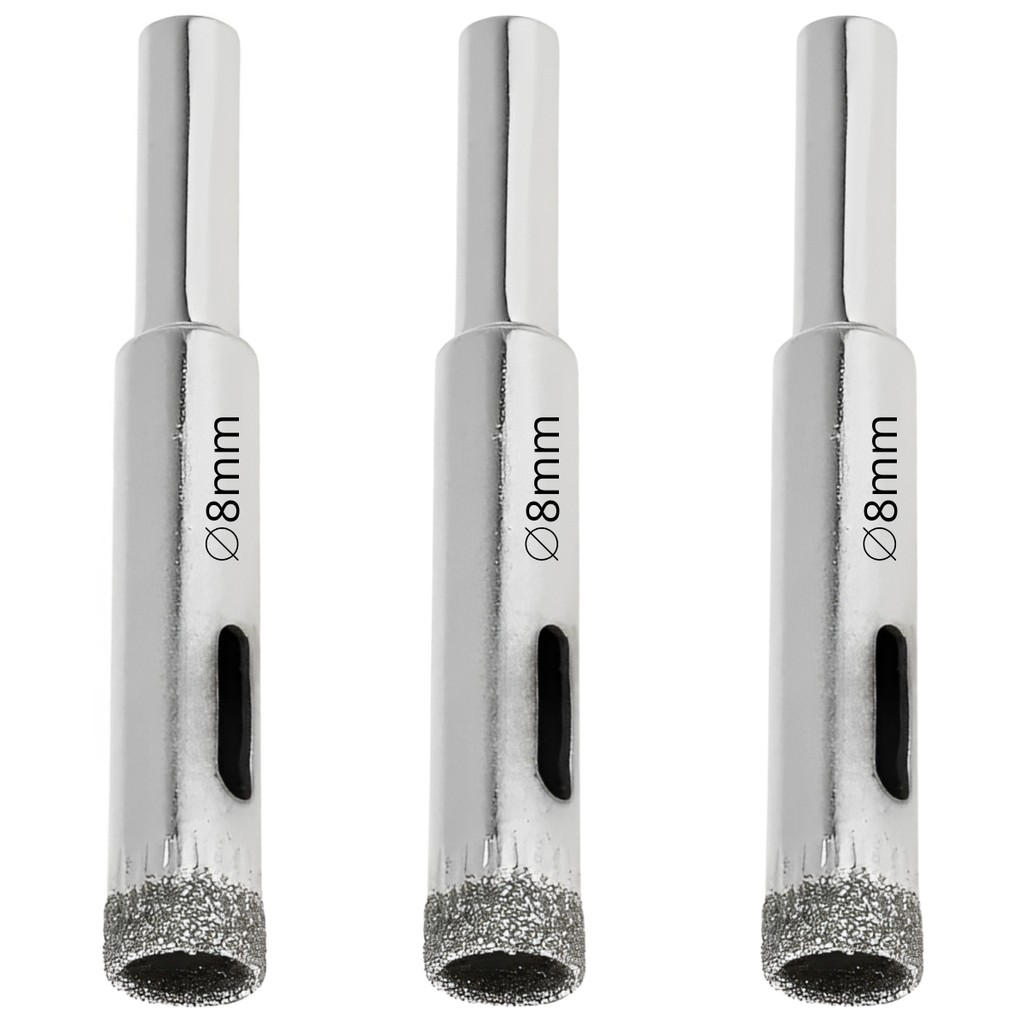 Kit 3 Serras Copo Diamantada Refrigerada 8mm Porcelanato Vidro Mármore Broca Copo Furo Guia Fixação Bucha N8 Casa