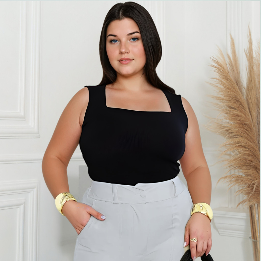 Blusa Feminina Plus Size Regata Decote Quadrado Estilosa Básica Casual em Oferta na Shopee
