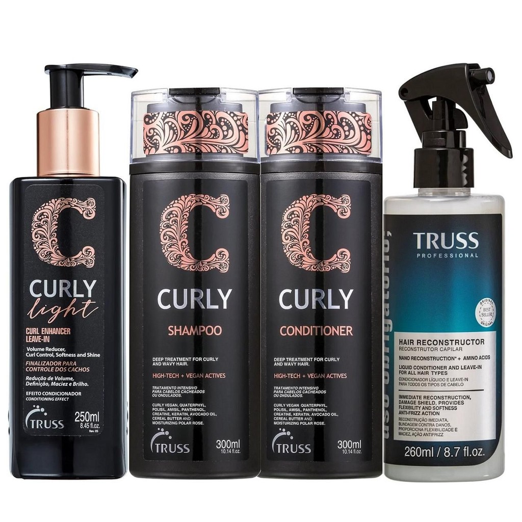 Kit Truss Curly  - Shampoo 300ml + Condicionador 300ml + Uso Obr. Reconstrutor Capilar 260ml + Light Leave in 250ml