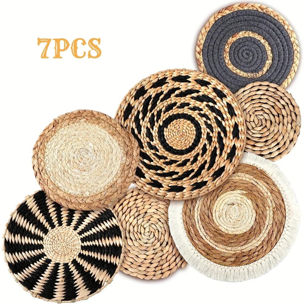 7 Pçs Boho Chique Artesanal Cestas De Parede De Ervas Marinhas , Rattan Tecido Redondo Decoração Boêmia Para Casa , Faze em Oferta na Shopee