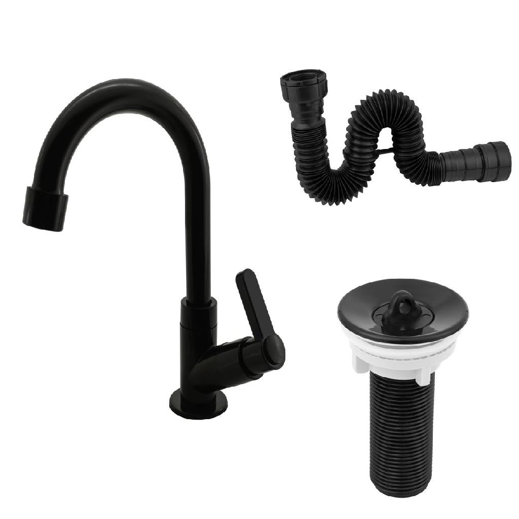 Kit Torneira Lavatorio Preto + Válvula Preta + Sifão Preto