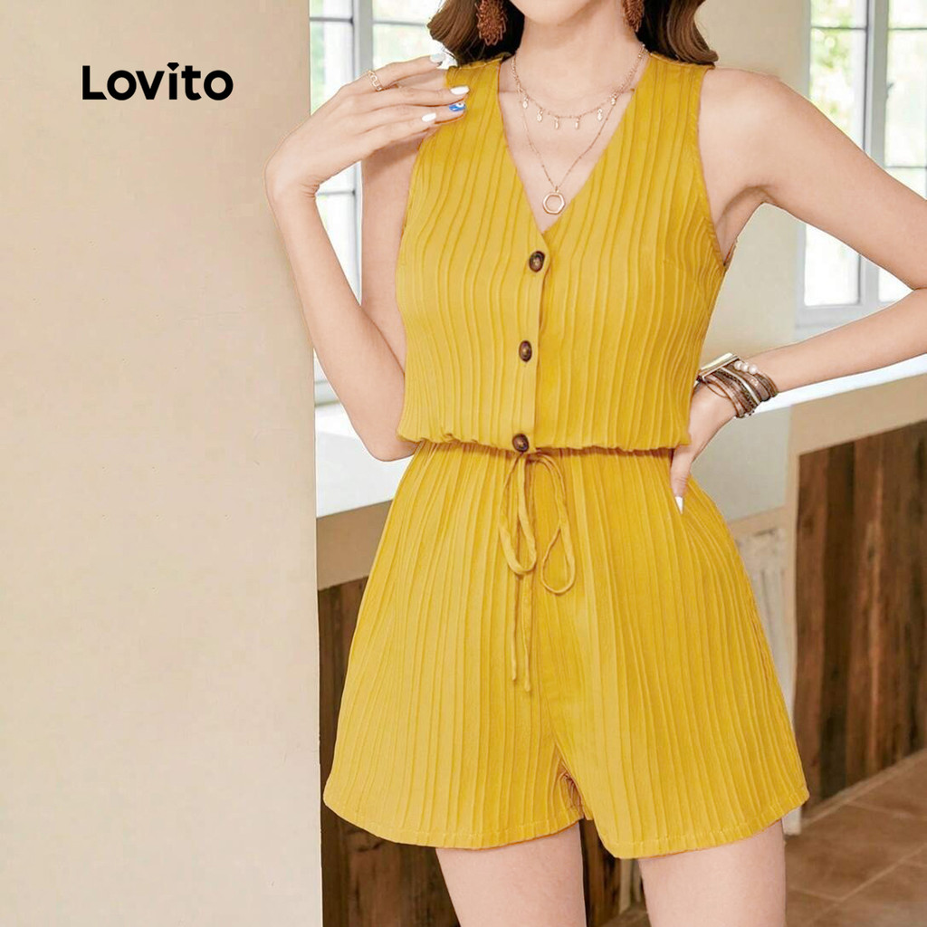 Detalhes do Lovito Macacão Feminino Casual com Botões, Laço e Amarração em Amarelo para Primavera/Verão L138AD889
