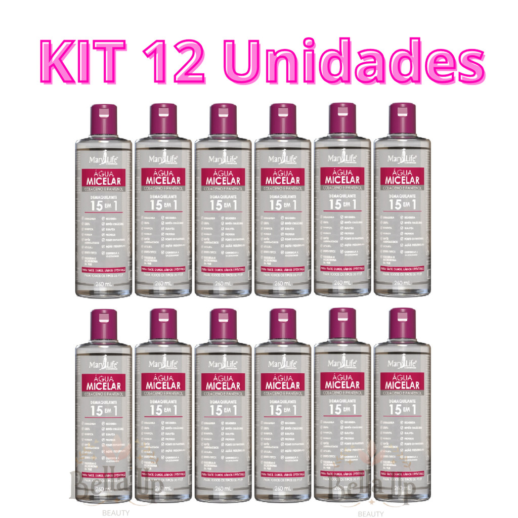 Kit 12 Unidades Água Micelar Demaquilante Colágeno e Pantenol com 15 Benefícios 260ml Atacado
