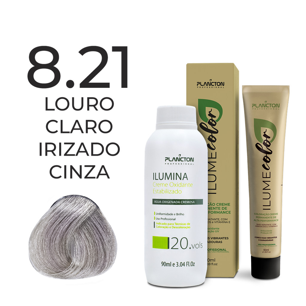 KIT ILUME COLOR PLANCTON - 8.21 LOURO CLARO IRIZADO CINZA + OX ILUMINA 20V