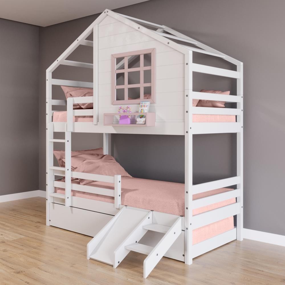 Treliche Casinha Com Janela Com Escada- Escorregador E Grade De Proteção Madeira Branco- Rosa em Oferta na Shopee