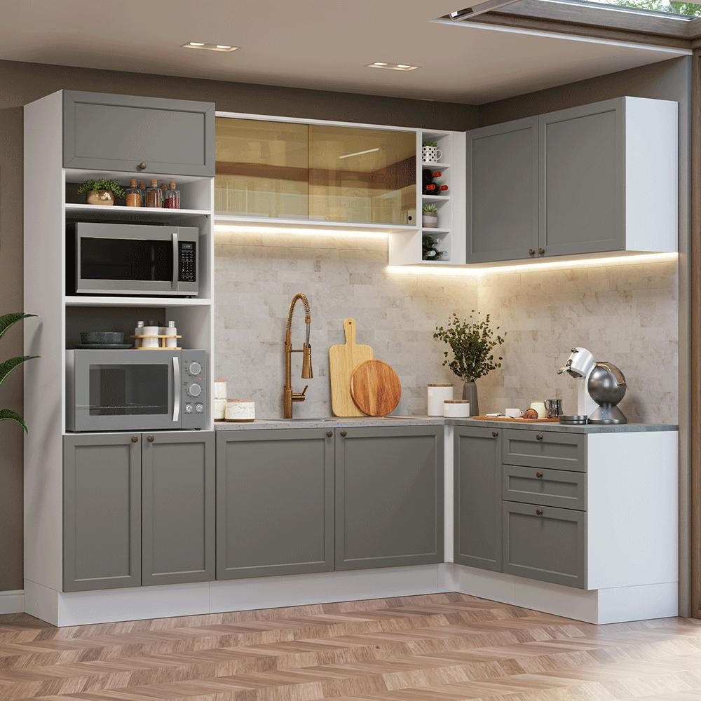 Armário de Cozinha Completa de Canto 399 cm Branco/Cinza Vik Madesa 02