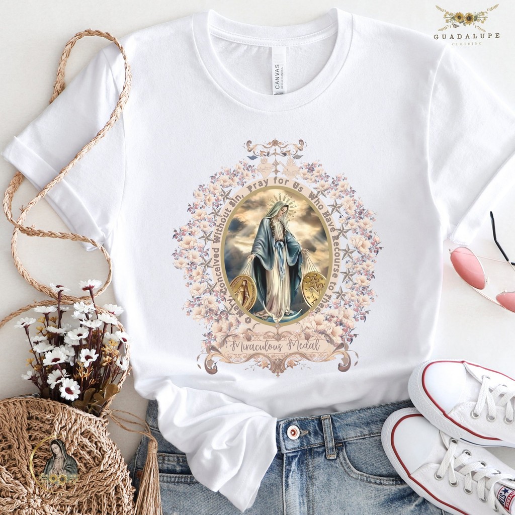 Camiseta Feminina Masculina Miraculous Medal Virgin Mary T Catholic Gifts for WomenCatholic Marian Cross Gifts for Her