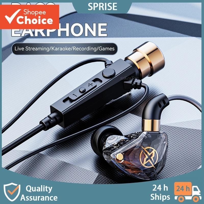SPRISE KT Fones De Ouvido Com Fio Diamante Microfone Graves Profundos Fone Dinâmico Karaokê Estéreo Intra-Auricular 3.5m