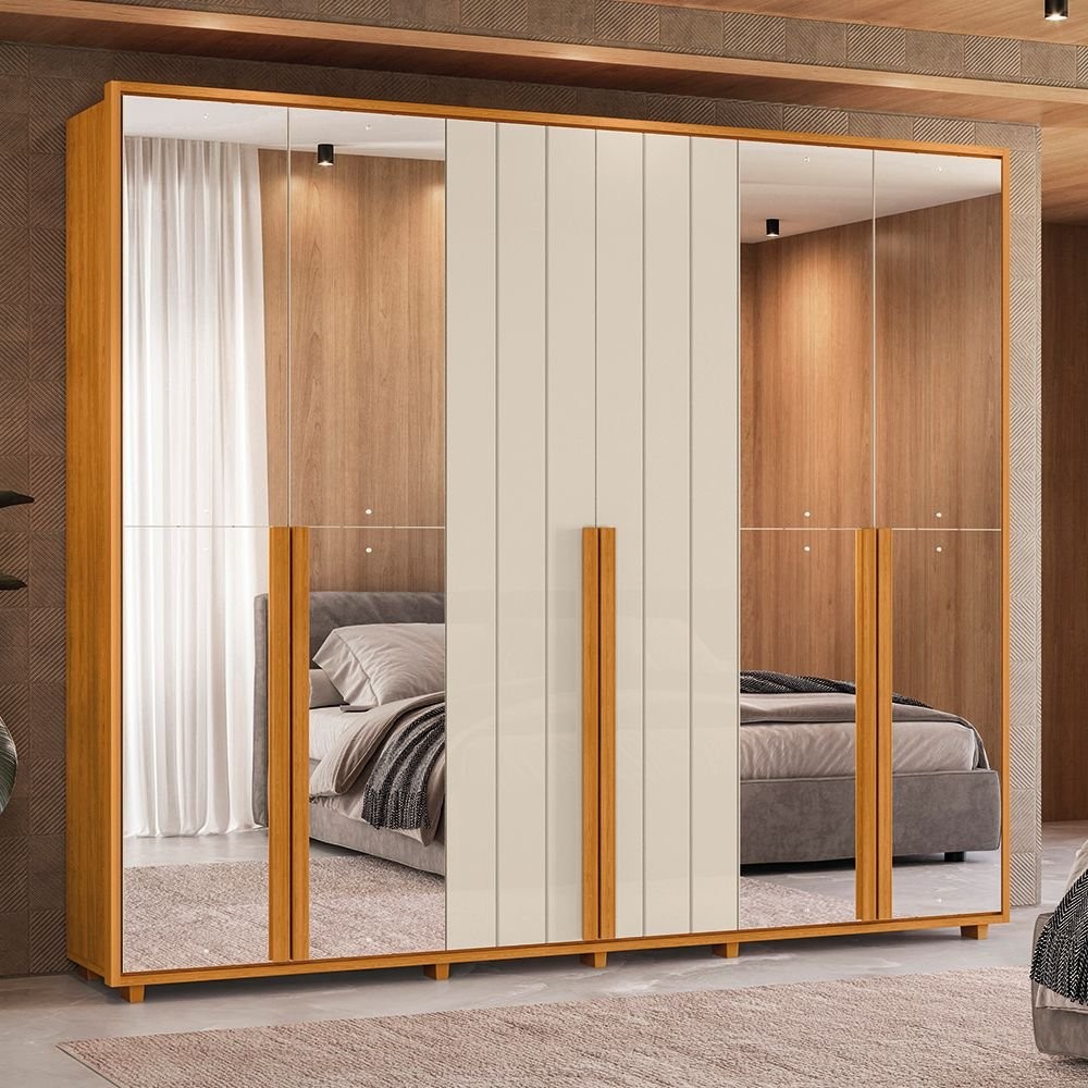 Guarda-Roupa Casal 6 Portas 100% MDF com Espelhos e Pés Volpi Cinamomo/Off White em Oferta na Shopee