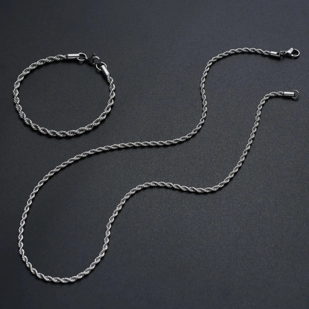 Kit cordão Prata colar corrente baiano aço inoxidável 60cm 45cm + Pulseira aço inox Não enferruja em Oferta na Shopee