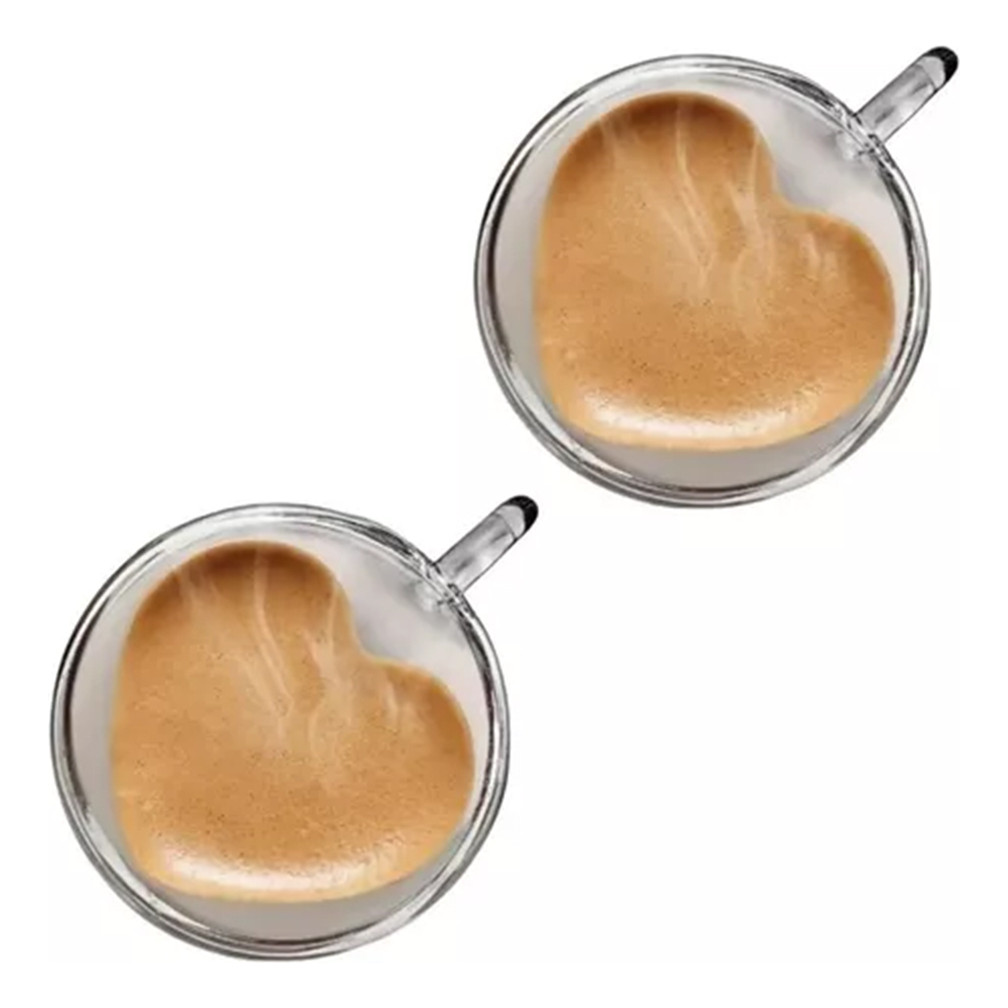 Conjunto Jogo 2 Xícaras Parede Dupla Vidro Resistente Para Café Boro Coração 80ml