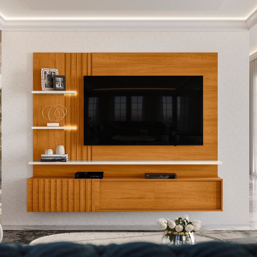 Painel para TV até 65 Polegadas LED Ripado 2 Portas Atena Cinamomo/Off White