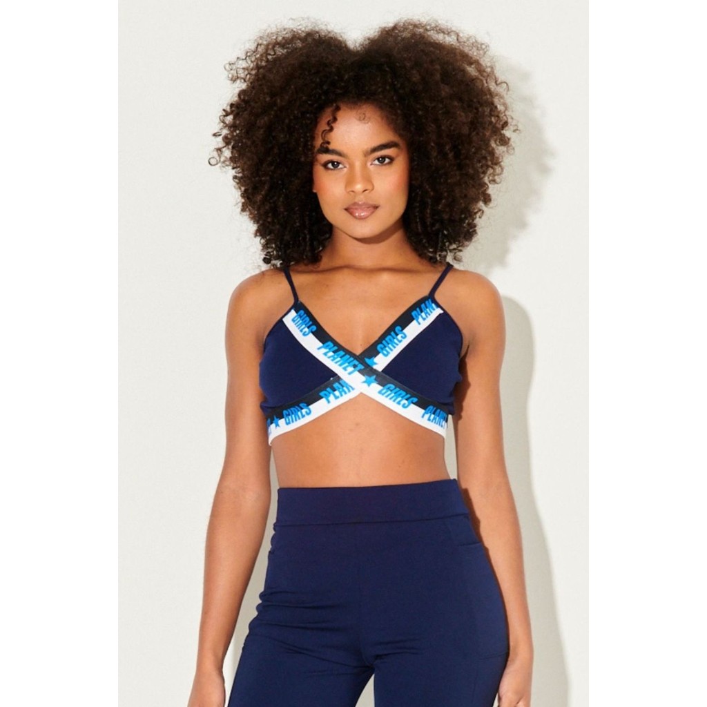 Top Malha Logo Estampado Alça Fina Planet Girls Azul Escuro em Oferta na Shopee