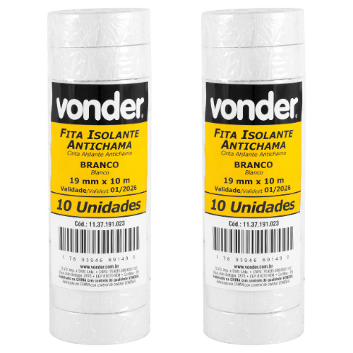 Kit 20 Fitas Isolantes, 19,0 mm x 10 Metros BRANCAS -VONDER em Oferta na Shopee