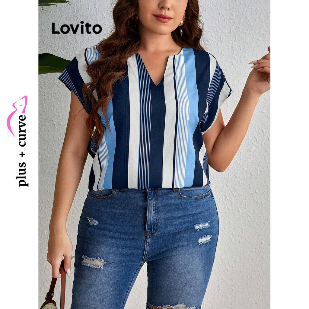(Trendy) Lovito Blusa Curva Plus Size Casual Listrada Com Frente Dividida Para Mulheres LBL15480 - Women Clothes