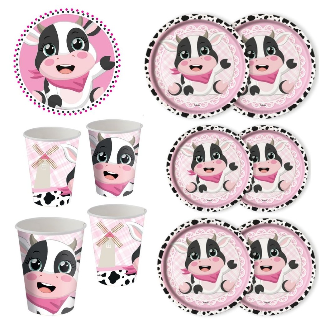 KIT FESTA VAQUINHA FAZENDINHA ROSA 8 PRATOS + 8 COPOS DESCARTÁVEL 200 ML PAPEL - FESTCOLOR (CHOCO)